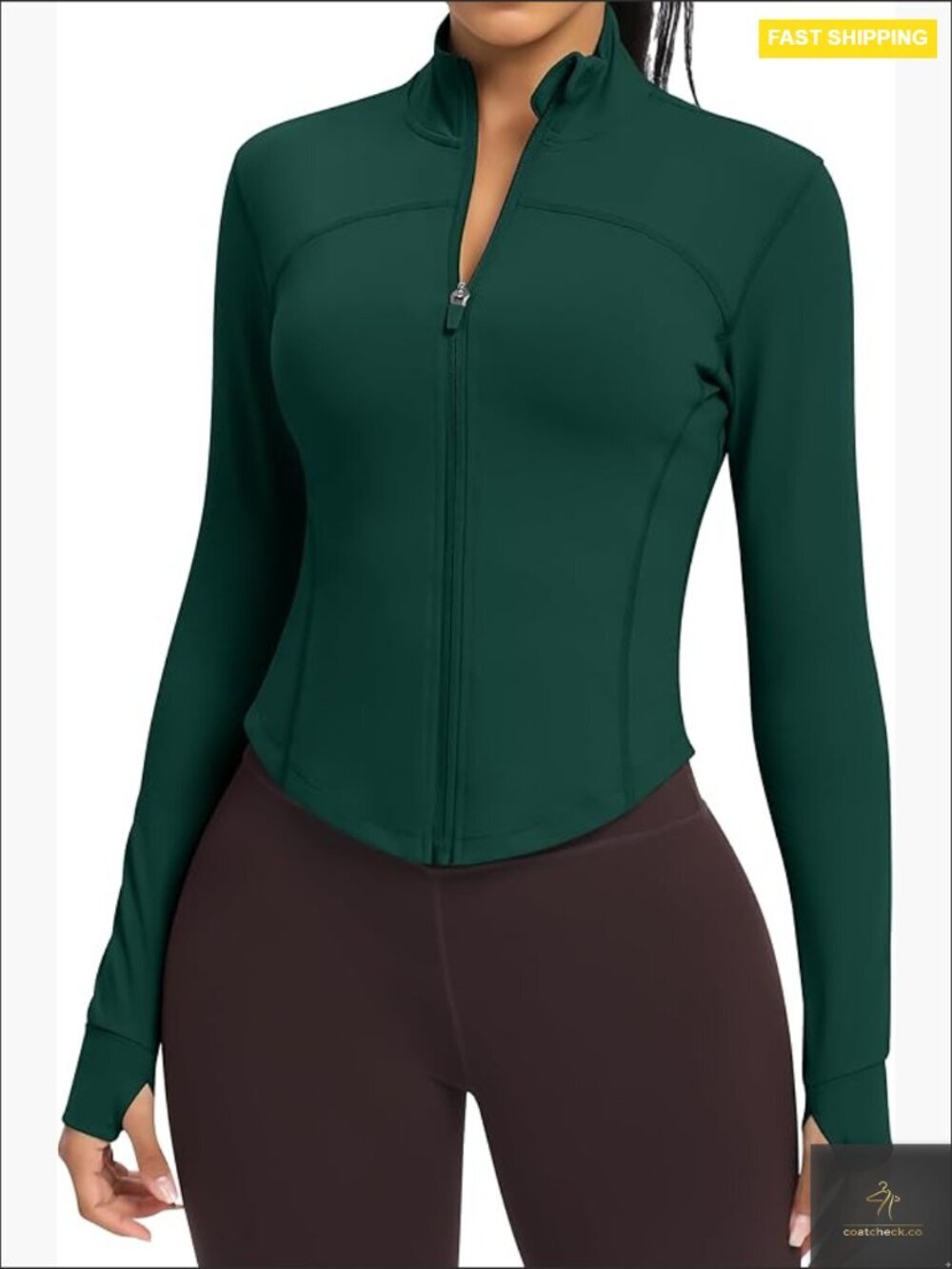 Cropped Full Zip Up Workout Jacket with Thumb Holes Running Yoga Athletic Slim